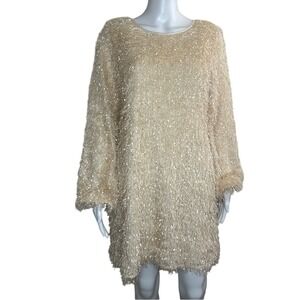 12th Tribe Long Sleeve Fluffy Fringe Mini Dress in Cream Size Medium